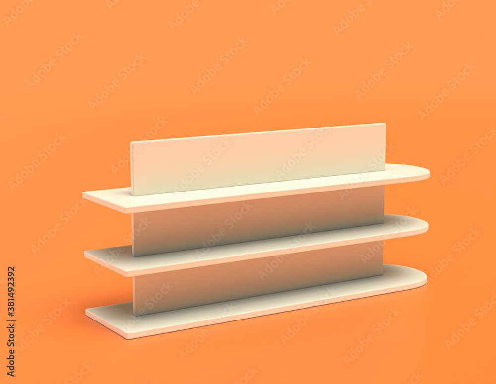 white plastic living room book shelf furniture in yellow orange background, flat colors, single color, 3d rendering white plastic living room book shelf furniture in yellow orange background, flat colors, single color, 3d rendering