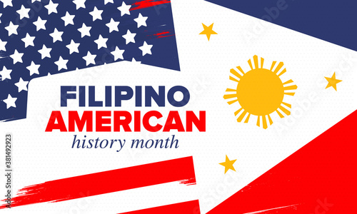 Filipino American History Month. Happy holiday celebrate annual in October. Filipinos and United States flag. Culture month. Patriotic design. Poster, card, banner, template. Vector illustration