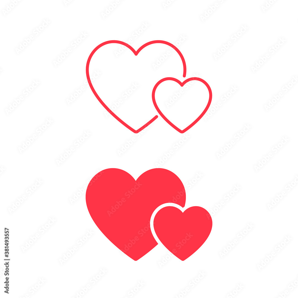Two Hearts icon set isolated on White Background - Vector flat Illustration. Love concept
