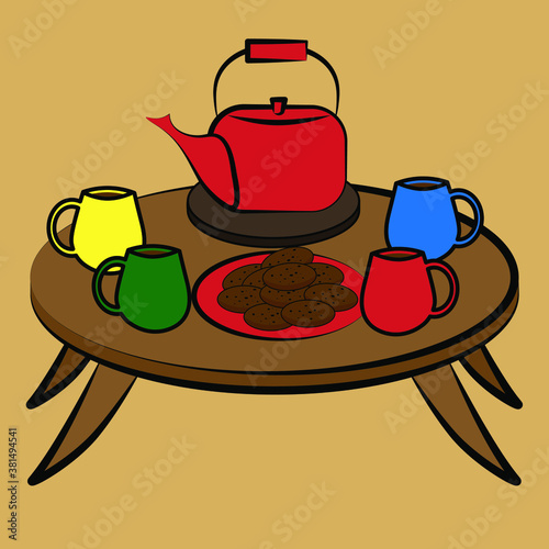 Tea time set on table in living room with cups of hot drinks in four colours, red teapot and plate with chocolate cookies