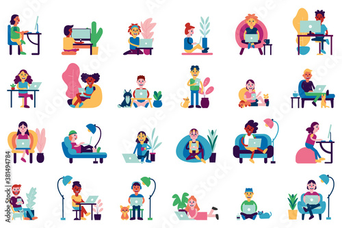 Isolated set group worker home workoffice icon- Vector