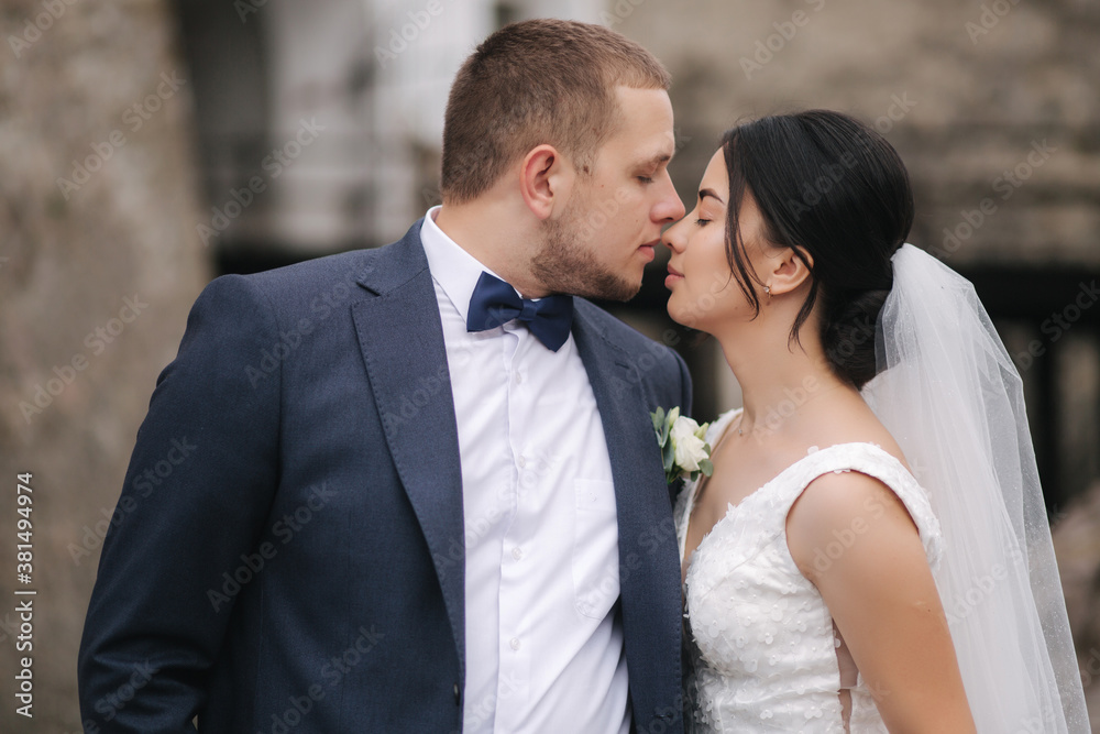 Happy newlyweds walking in the old castle and hug each other. Beautiful young bride and attractive groom in front of stone wall Happy newlyweds walking in the old castle and hug each other. Beautiful young bride and attractive groom in front of stone wall