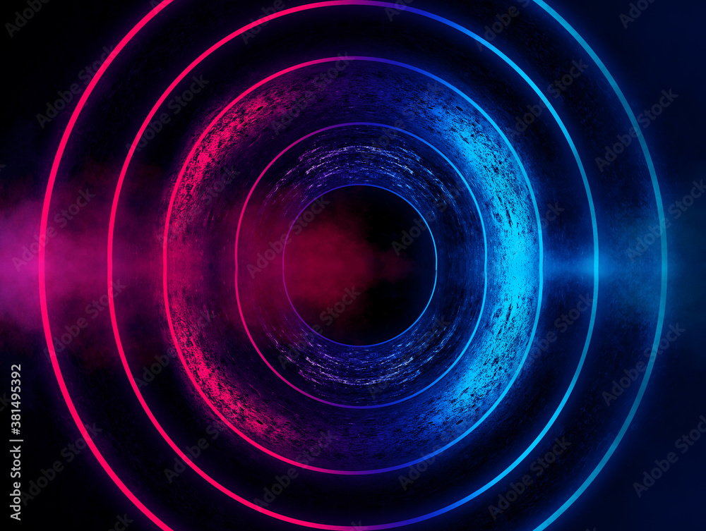 Round tunnel, neon light, reflection in the water. Abstract futuristic modern neon background. 3D illustration. Round tunnel, neon light, reflection in the water. Abstract futuristic modern neon background. 3D illustration.