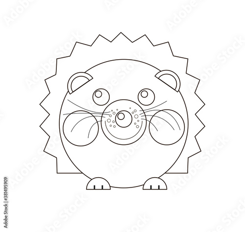 Coloring. The hedgehog is white, drawn with a black outline. Isolated on a white background. Stock vector illustration.
