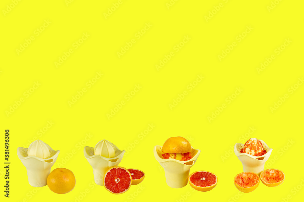 A collage of hand-made juicers with stages of cooking natural juice on a yellow background.