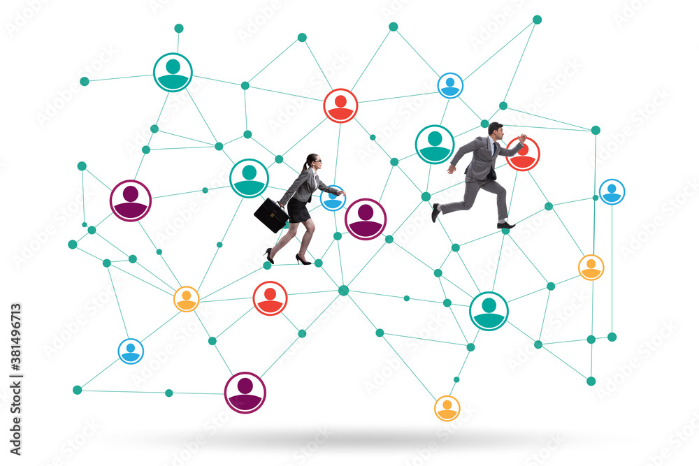 Man pressing virtual button on social network concept