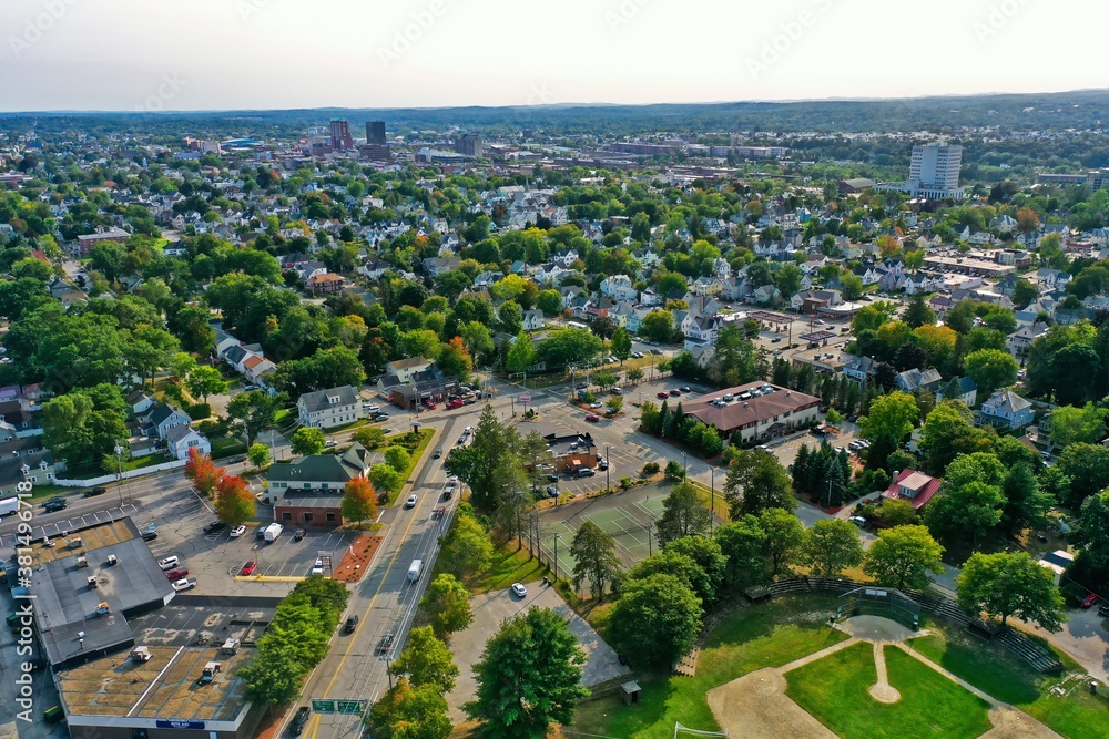 Aerial Drone Photography Of Downtown Manchester, NH (New Hampshire) During The Summer