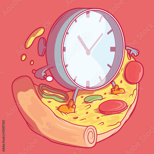 Clock and pizza vector illustration. delivery, fast food, business design concept