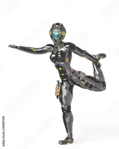 astronaut girl on sci-fi suit is doing stretching