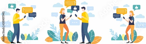 Flat design. Business images. Chat. Communication. Correspondence by phone. Dialogue. Discussion of problems.