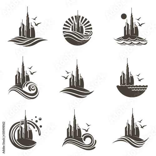 collection of Arab Emirates Dubai icon with sea waves isolated on white background