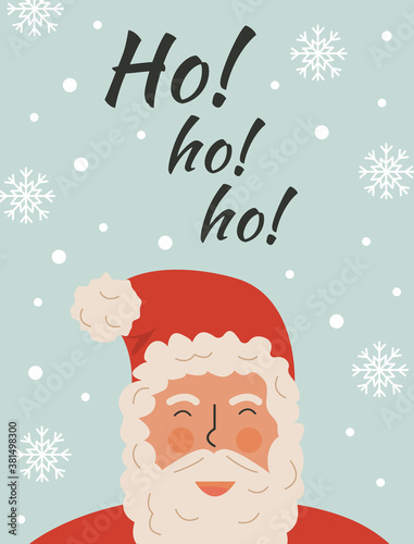 Cute santa claus face flat vector illustration. Traditional festive winter holiday greeting card, postcard design element. New year symbol and ho ho ho typography on blue background with snowflake. © millering