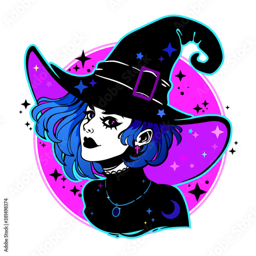 cute young witch withbeautiful iridescent hair