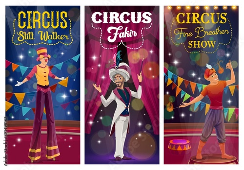 Circus cartoon magician, stilt walker and fire breather performing tricks on big top arena. Circus magic show with clowns and illusionist, carnival amusement entertainment. Circus show vector banners