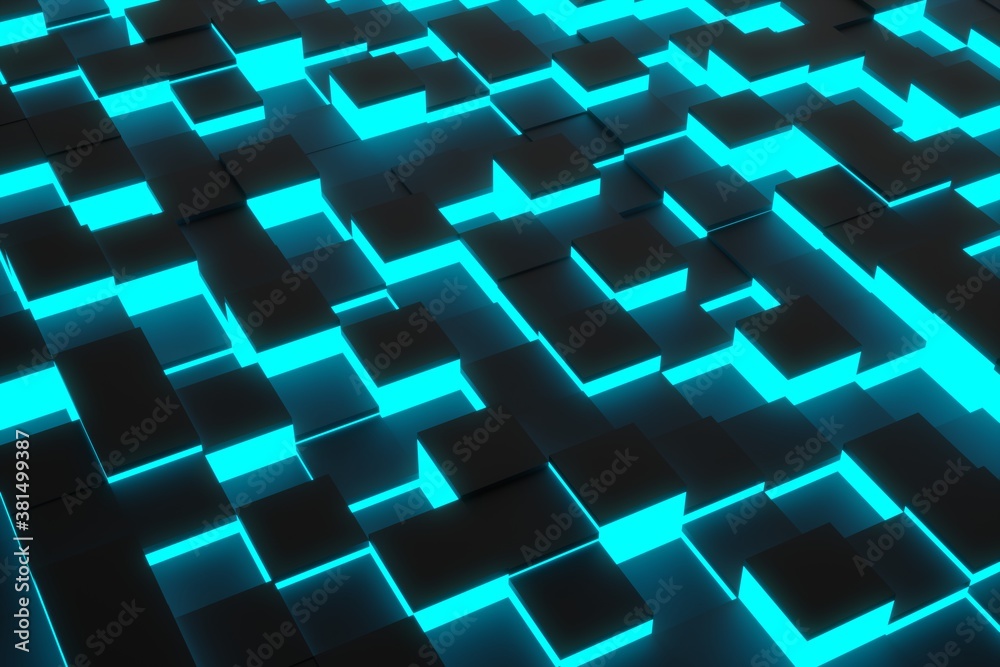Random shifted black cubes geometrical pattern background with blue glow, minimal futuristc technology template Random shifted black cubes geometrical pattern background with blue glow, minimal futuristc technology template