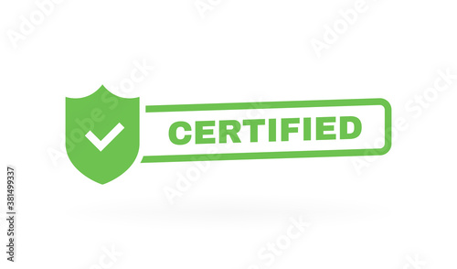 Certified badge with check mark and shield. Banner template design for business, marketing and advertising. Modern vector illustration