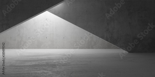 Abstract empty, modern concrete room with indirect back lighting and diagonal walls and rough floor - industrial interior background template