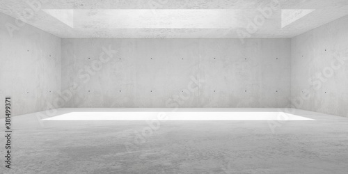 Abstract empty, modern, wide concrete walls hallway room with huge indirekt ceiling light opening - industrial interior background template