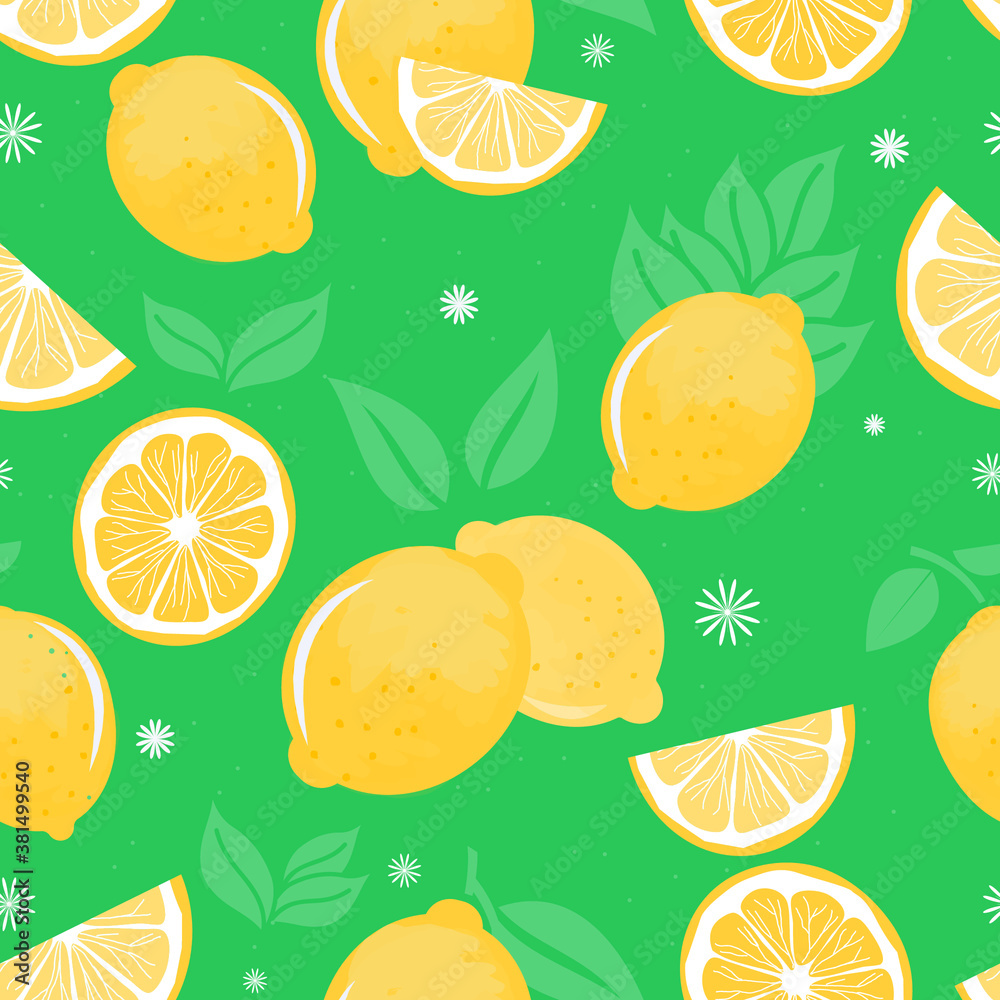 Vector lemons illustration. Seamless lemons floral pattern. Lemons vector pattern with green background. Vector lemons illustration. Seamless lemons floral pattern. Lemons vector pattern with green background.