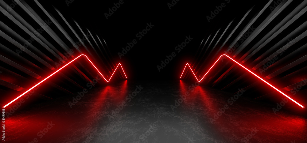 A dark corridor lit by colorful neon lights. Reflections on the floor and walls. 3d rendering image.
