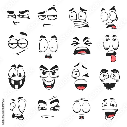 Face expression isolated vector icons, cartoon funny emoji suspicious, scared and shocked, grin, smirk or crazy. Facial feelings smile, laughing and yelling, surprised, squint and upset emoticons set