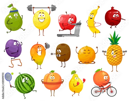 Cartoon fruits sportsmen, vector pear, lemon and apple, banana, pomegranate and prune with mango. Kiwi, grapefruit and orange, pineapple, watermelon and quince isolated characters sports workout set