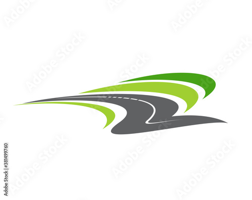 Highway road, pathway isolated vector icon. City highway curve road disappearing into the distance, travel or transportation service emblem design. Driveway cartoon symbol, traffic sign, direction