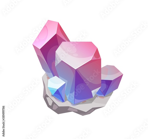 Magic crystal vector rock gem stone of pink and blue colors, isolated mineral crystalline gemstone sapphire or quartz. Jewelry precious organic mineralogy symbol. Cartoon semiprecious rhinestone icon