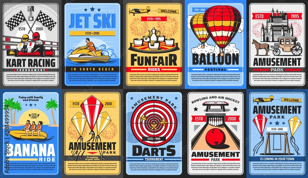 Amusement park posters, funfair rides and carousels, vector family entertainment fair. Welcome to amusement park posters, roller coaster rides, aquapark jet ski and balloon festival, bowling and darts
