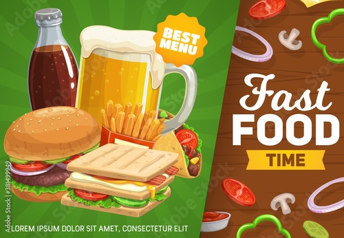 Fast food vector poster with combo meals and drinks burger, beer and cola with sandwich and tacos. Cartoon street cafe dishes, takeaway restaurant order. Fastfood menu offer of beverages and snacks