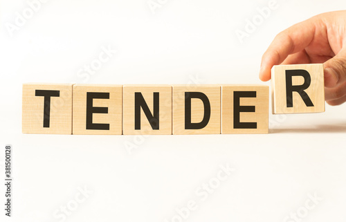 Fototapeta Naklejka Na Ścianę i Meble -  Word tender. Wooden small cubes with letters isolated on white background with copy space available.Business Concept image.