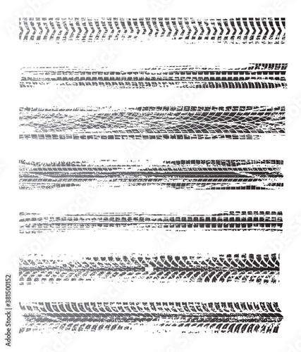 Tire prints, grunge offroad car tyres track, isolated vector marks. Bike race, vehicle, transportation dirty wheels trace. Rubber tires , automobile or bicycle drag. Monochrome graphic prints set