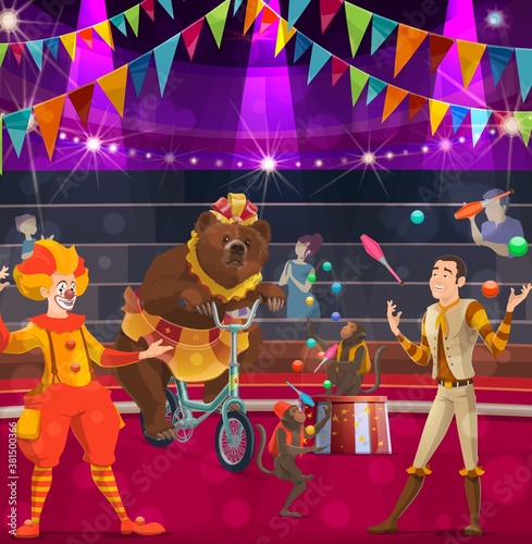 Circus performers vector poster with clown, bear on bike and tamer with juggling monkeys performing magical show on big top arena. Cartoon artists on stage, trainer, funnyman and bear riding bicycle