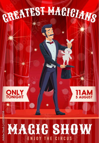 Circus illusionist magic show. Magician in tuxedo or tailcoat performing on stage, artist showing hat-trick with animal, smiling circus performer pulling rabbit or bunny from top hat cartoon vector