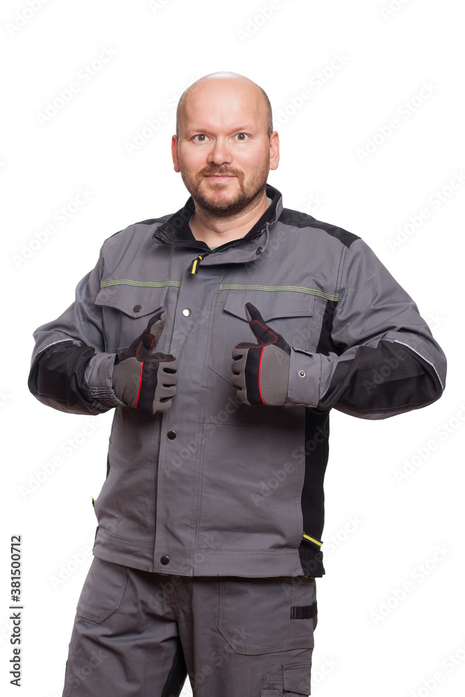 Car mechanic in 40 years holding clock and showing signs with hand isolated on white background Car mechanic in 40 years holding clock and showing signs with hand isolated on white background