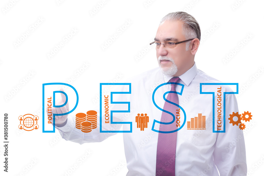 Business people in PEST analysis business concept Business people in PEST analysis business concept