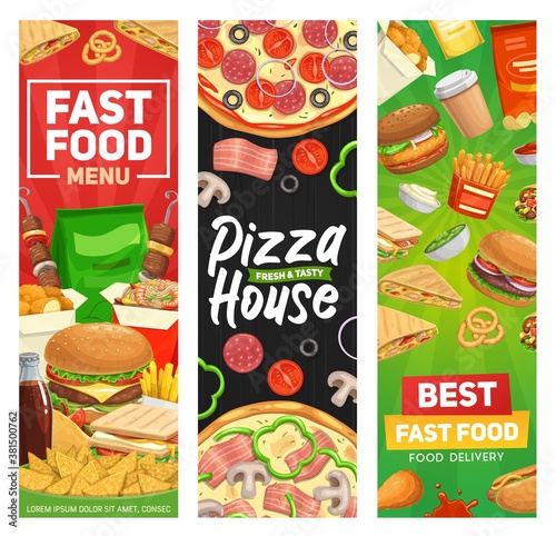 Fast food banners, burger fastfood menu, vector restaurant hamburgers meals, sandwiches and drinks. Fast food menu hot dog, pizza, fries and cheeseburger, burrito, taco, nachos chips, soda and coffee