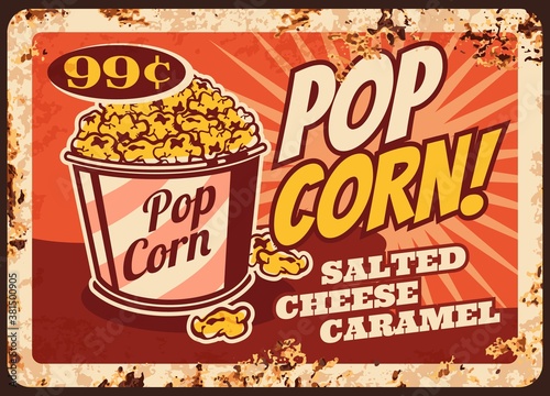 Pop corn rusty metal plate, vector bucket full of tasty popcorn with salt cheese caramel vintage rust tin sign. Street junk meal, takeaway dish retro poster, ferruginous price tag for fastfood cafe