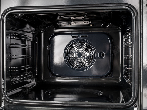 inside view of the surface of an electric oven with a fan and grill, convection modes for cooking, pyrolytic cleaning of the stove, stove top photo