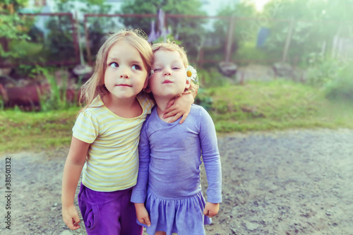 Portrait of two little cute smiling Caucasian girls with daisies in their hair. The concept of children's friendship and team. Retro toning.