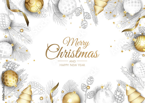 Merry Christmas and Happy New Year Holiday white banner illustration. Xmas design with realistic vector 3d objects, golden christmass ball, snowflake, glitter gold confetti. photo