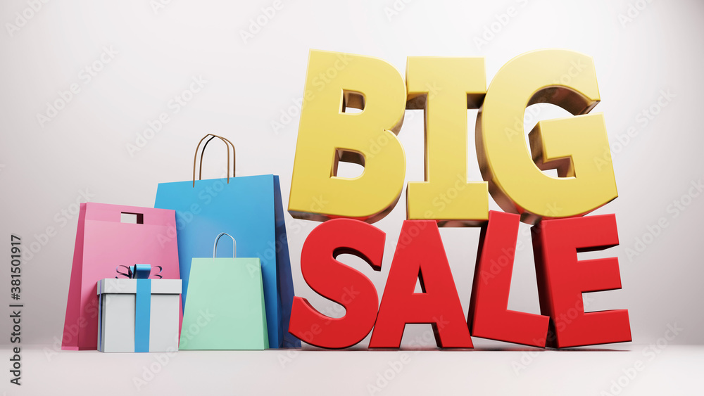 3D render big sale with shopping bag isolated background. 3D illustration 3D render big sale with shopping bag isolated background. 3D illustration