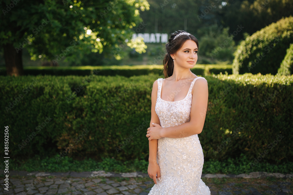 Elegant model in wedding dress posing to photographer outdoors. Beautiful young woman with fashion makeup Elegant model in wedding dress posing to photographer outdoors. Beautiful young woman with fashion makeup