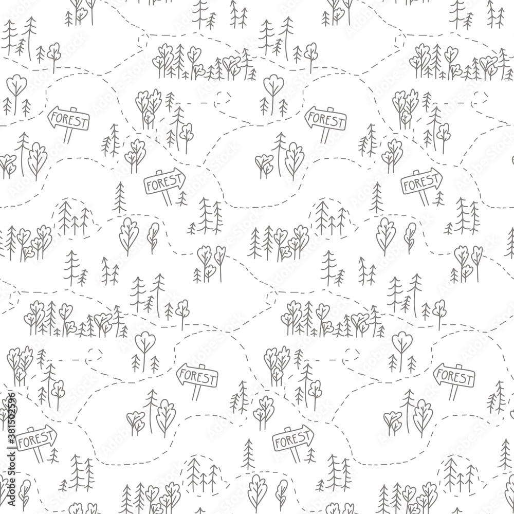 Wild forest in Scandinavian style grey seamless pattern. Doodle vector illustration