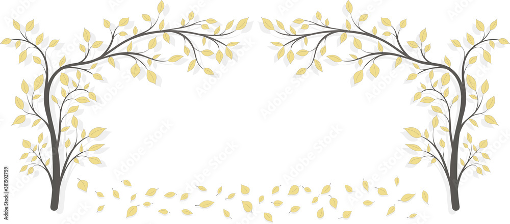 Two autumn trees with yellow leaves in the form of an arch on a light background