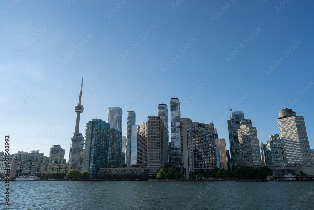 Toronto City Skyline from the ferry on a sunny day in Ontario Canada