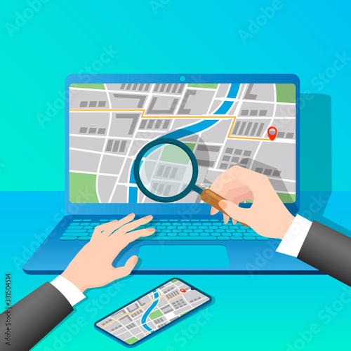 A person is studying navigation maps on a laptop screen.Modern technologies in cartography and navigation.Flat vector illustration.