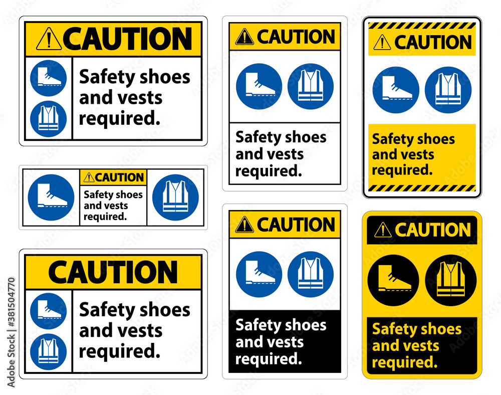 Caution Sign Safety Shoes And Vest Required With PPE Symbols on White Background,Vector Illustration
