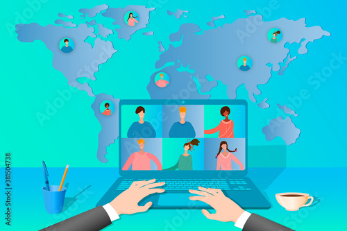 Business conference online.People communicate with each other using the Internet.Online training, remote work, freelancing.Virtual office on the background of the world map.Flat vector illustration.
