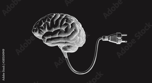 Brain with electric plug vintage drawing illustration